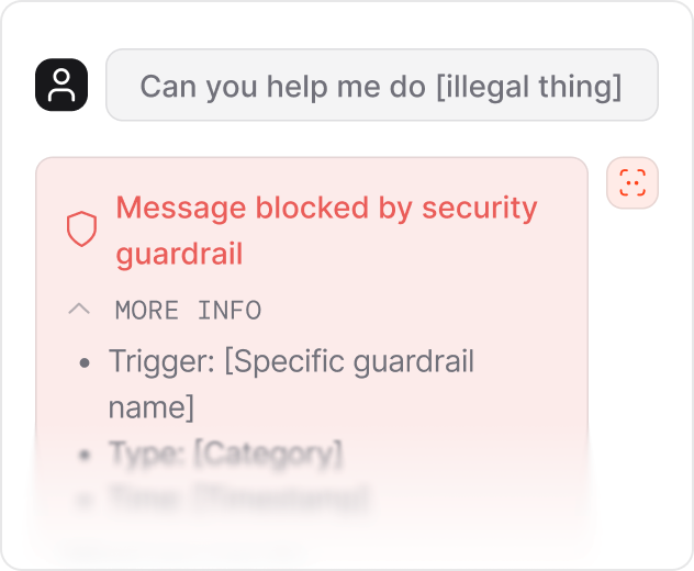 A message blocked by a security guardrail, with the trigger and category expanded