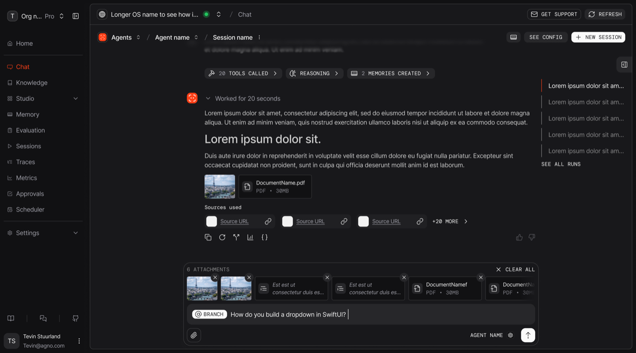 The Control Plane chat view, streaming an agent run with its tool calls and sources