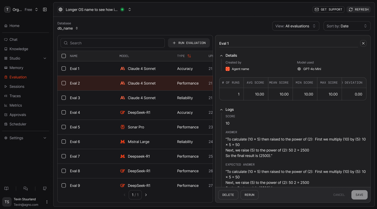 The evaluation view, listing eval runs by model and type with one run's scores and logs open