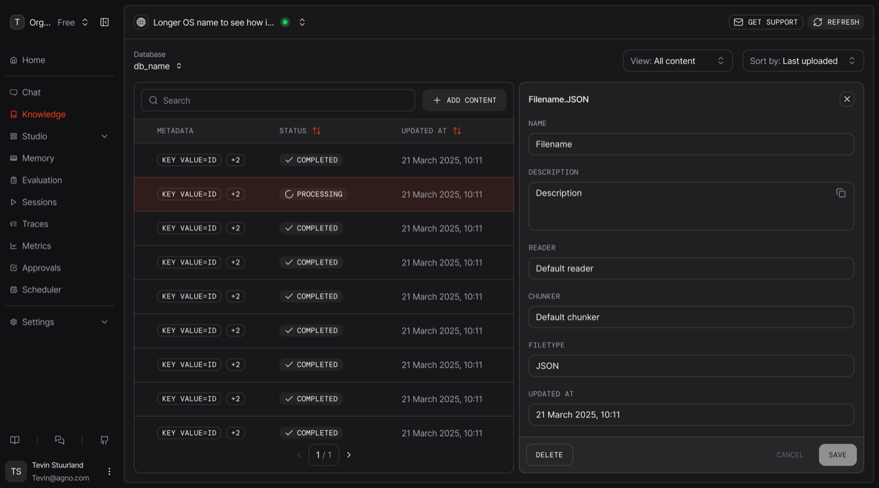 The knowledge view, listing uploaded content with chunking and embedding status