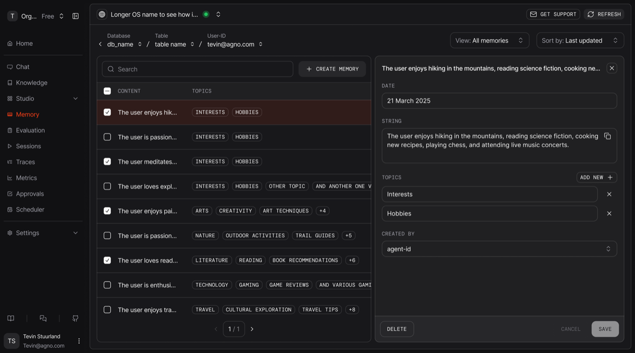 The Learning Machines view, showing what an agent has written to memory across conversations