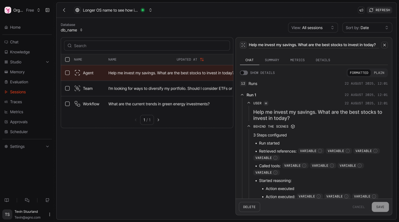 The sessions list, with one conversation expanded to show its runs