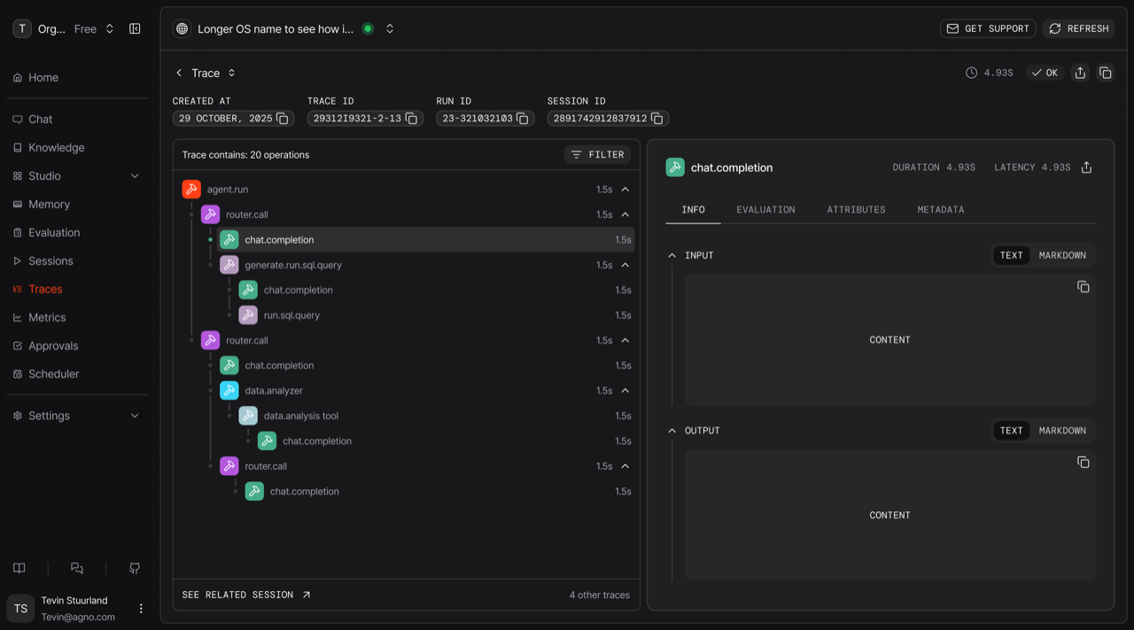 A trace opened in tree view, with each model and tool call timed alongside its input and output