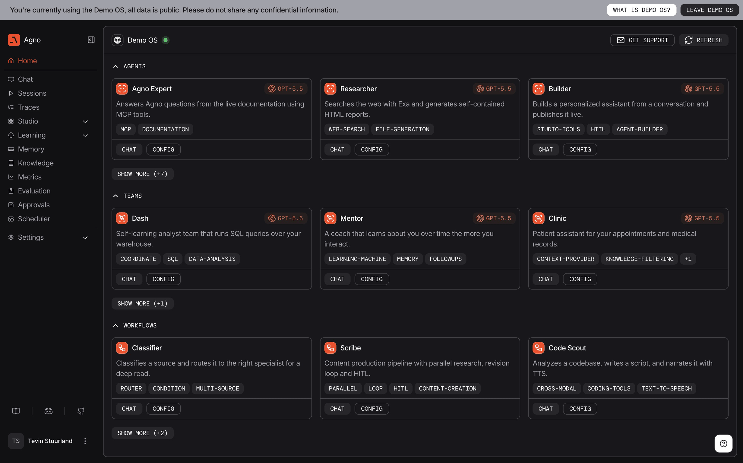 The Agno Demo OS: agents, teams and workflows listed in the Control Plane