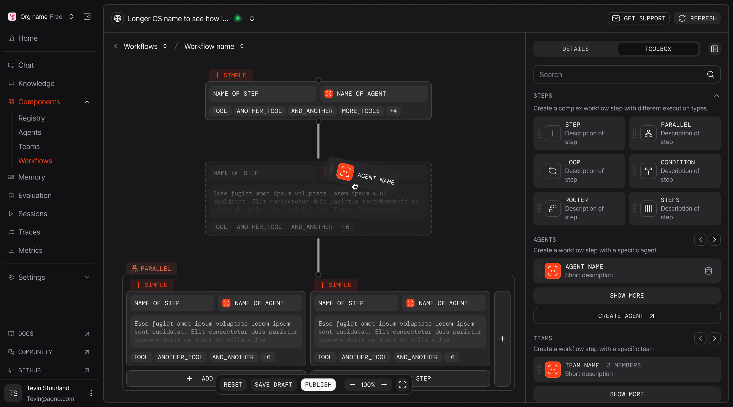 The Studio canvas, building a workflow from steps with a toolbox of step types