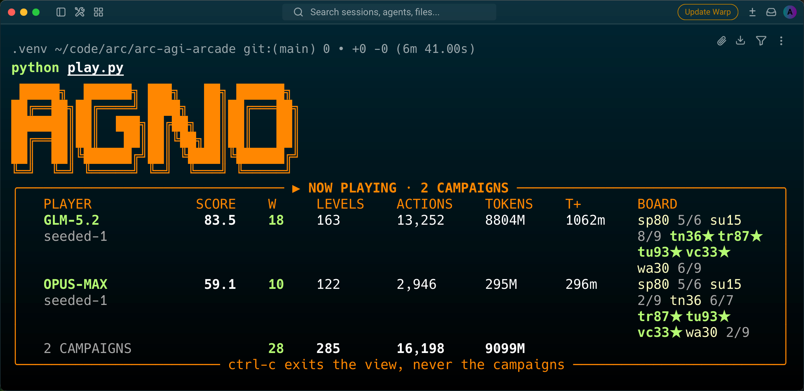The arcade wall in a terminal: GLM-5.2 and Claude Opus 5, both seeded with gpt-5.6's manuals, playing the 25-game board live — score, wins, levels, actions and tokens for each campaign, with a star beside every game already won.