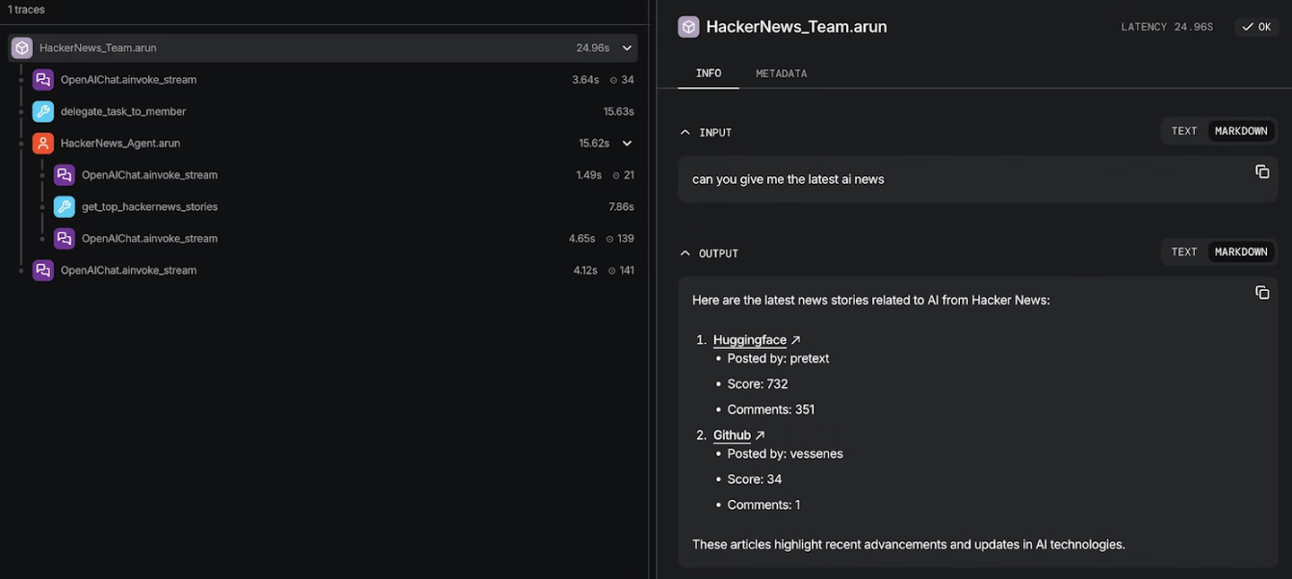 An expanded trace of a Hacker News team run, showing per-step timings next to the input and final output