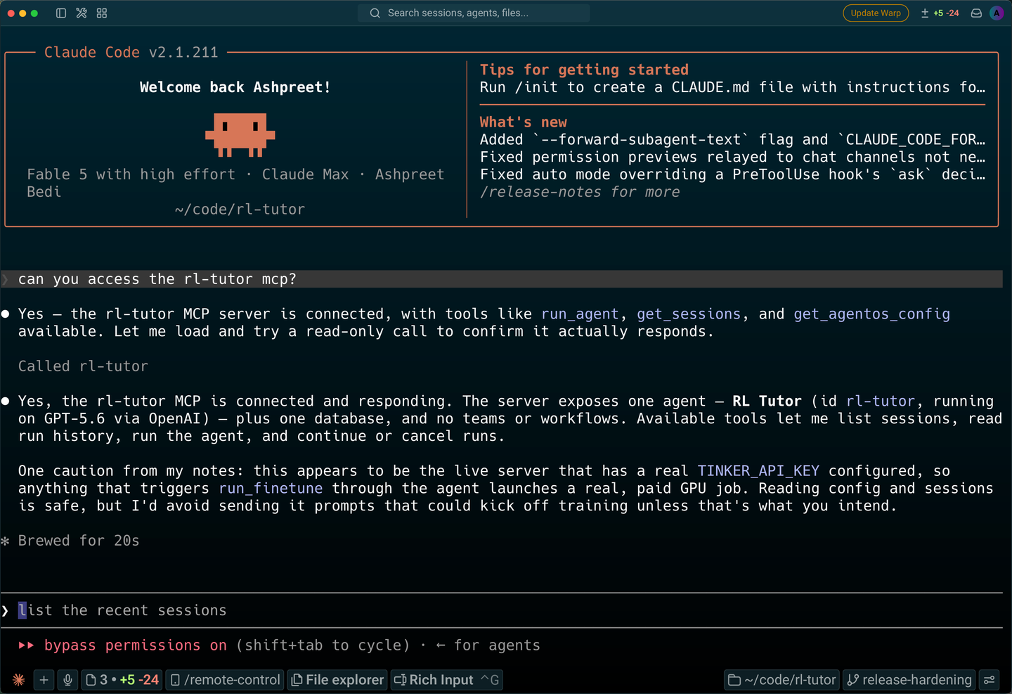 A coding agent using RL Tutor through MCP